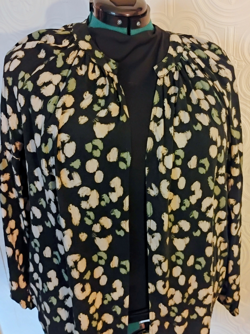 Black Printed Lightweight Women's Jacket with Cream and Olive Spots